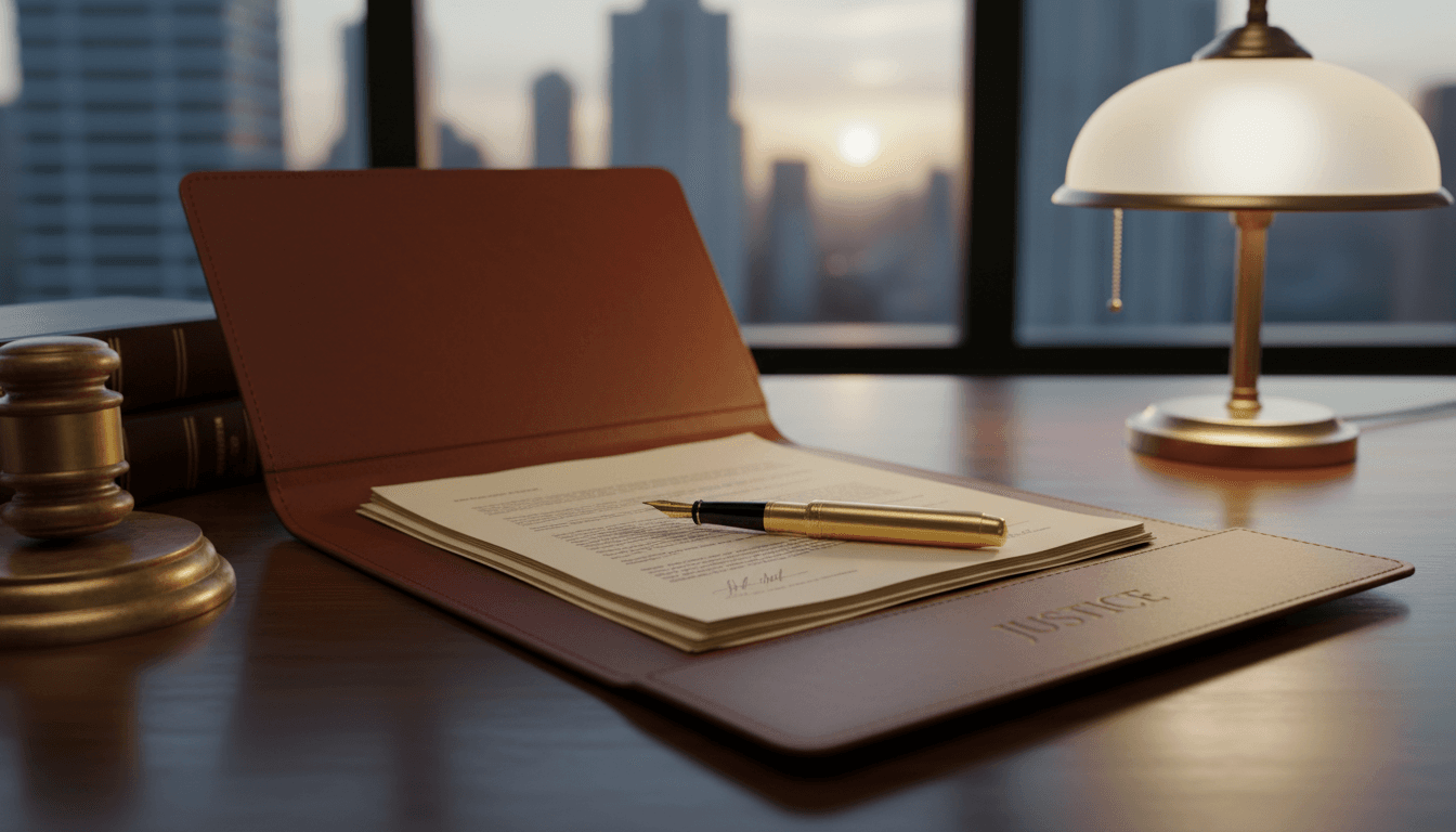 Leather folder with papers and a gold pen on a desk