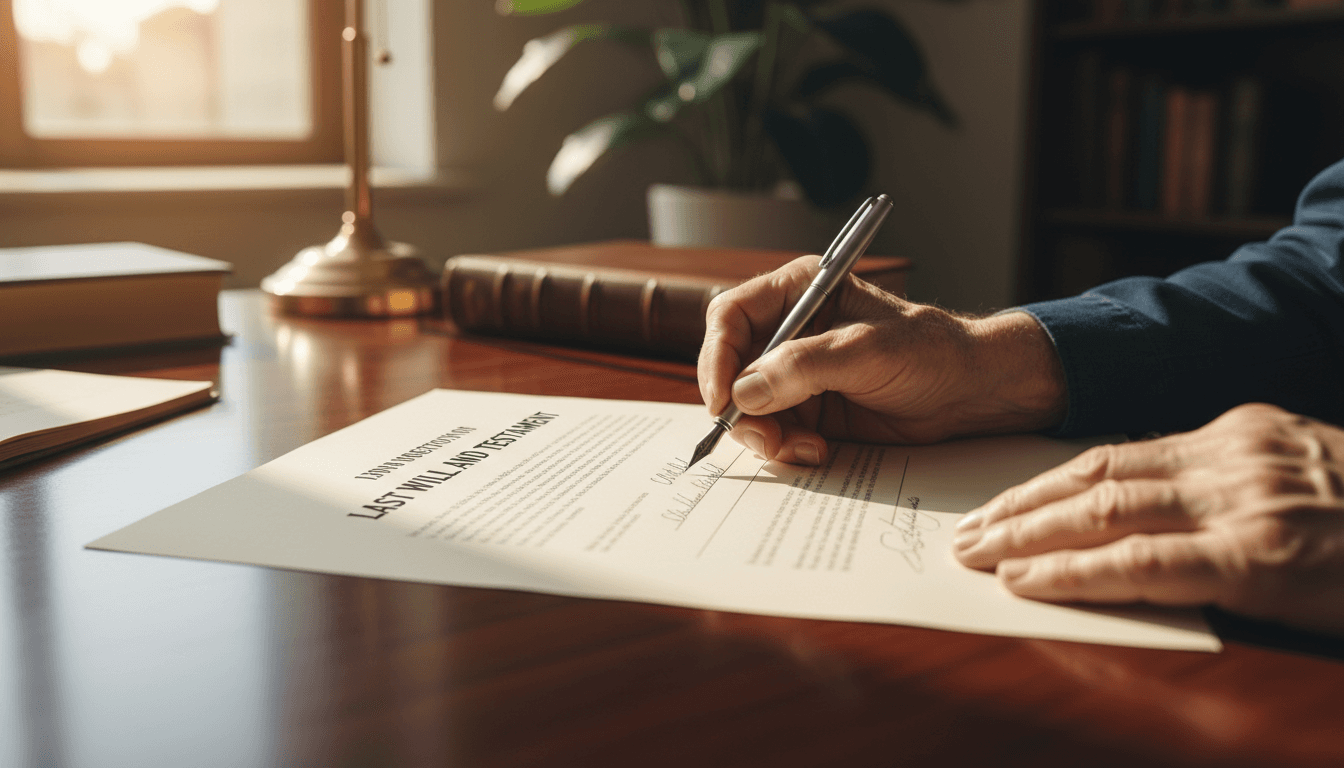 Close up of hands signing a document on a wooden desk