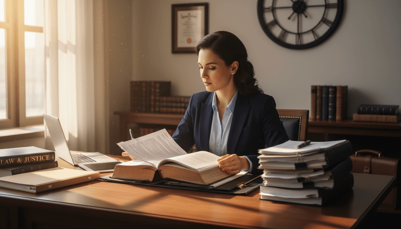 Lawyer reviewing legal documents at a desk in a bright office