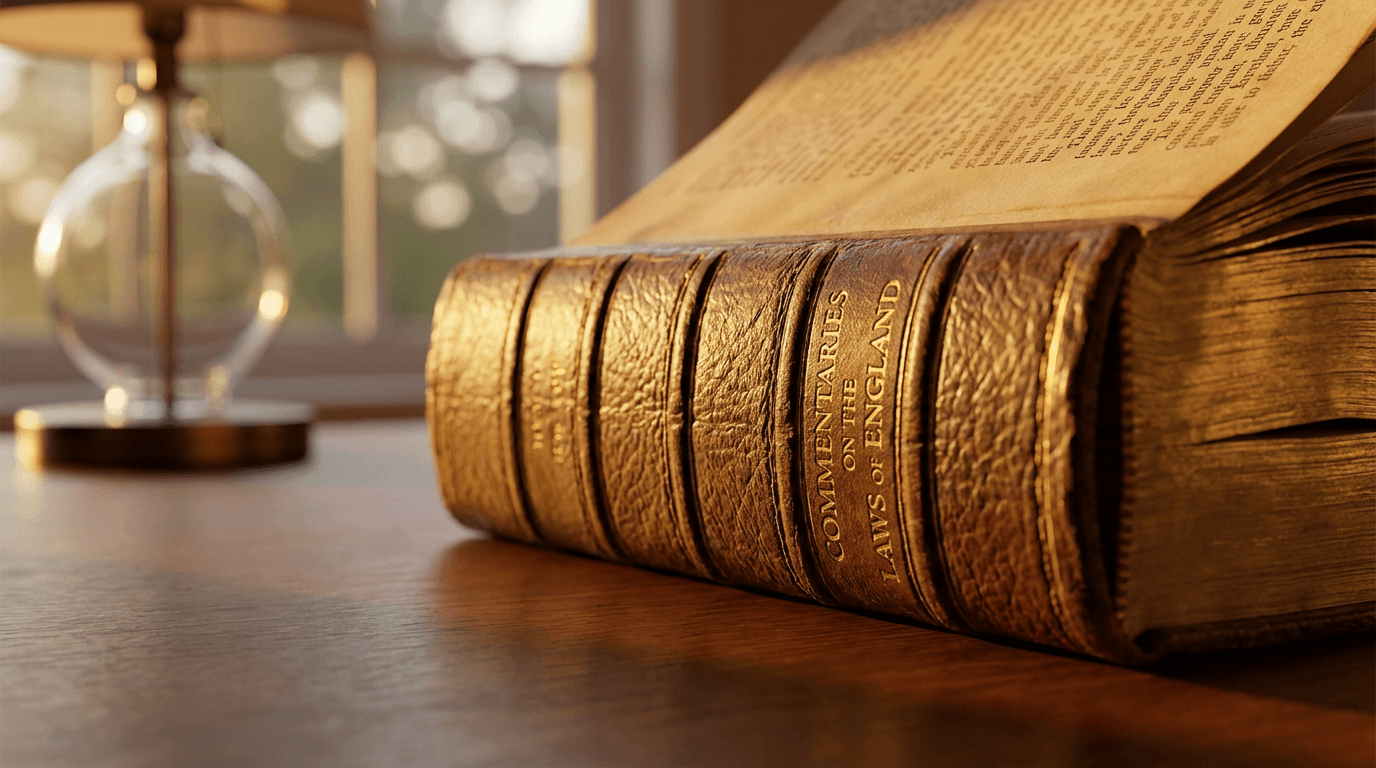 Close-up of leather-bound law book on polished desk with golden afternoon light and floating dust motes.